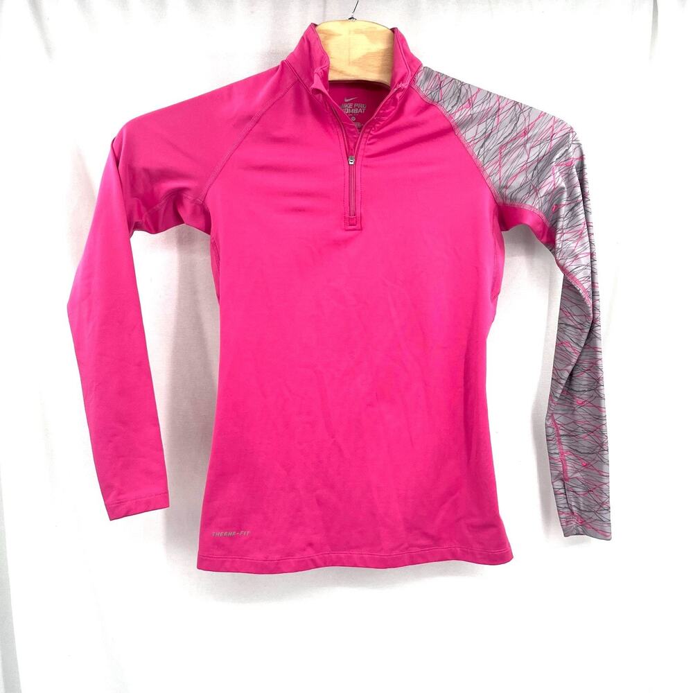 Nike Pro Combat Athletic Womens Medium Pink Fitted Stretch 1/4 Zip Pullover Read
